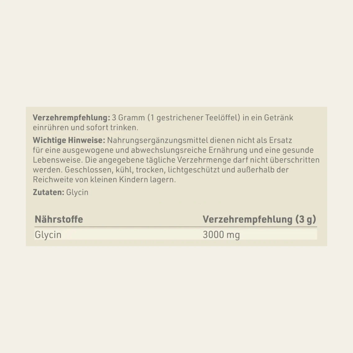 Produktetikett "Glycin" mit Inhaltsstoffen und -angaben