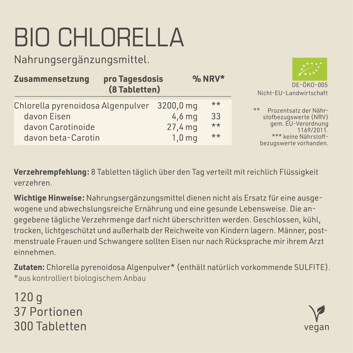 Bio Chlorella Etikett Rückseite mit Inhaltsstoffen und -angaben