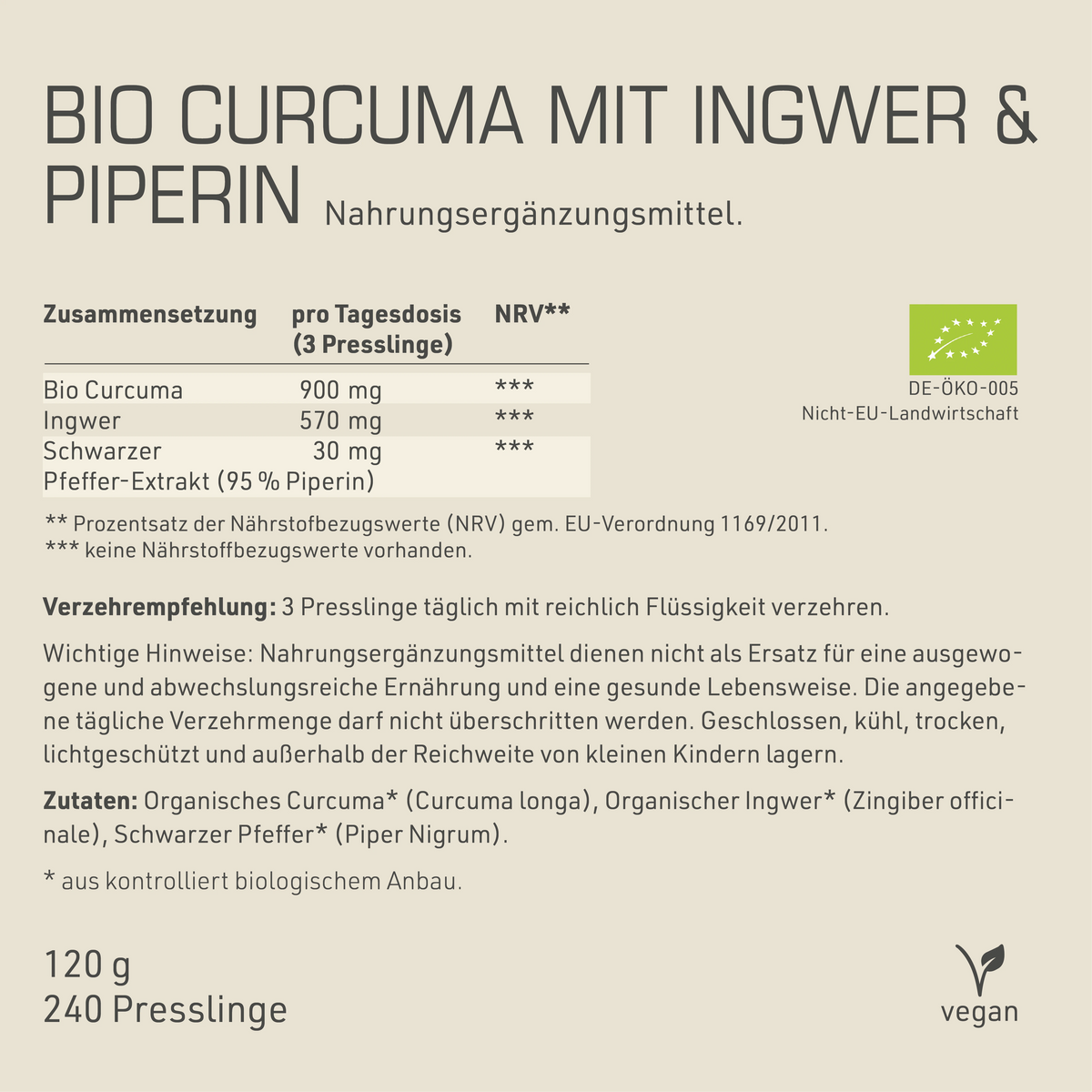 Bio Curcuma mit Ingwer & Piperin Etikett Rückseite mit Inhaltsstoffen und -angaben