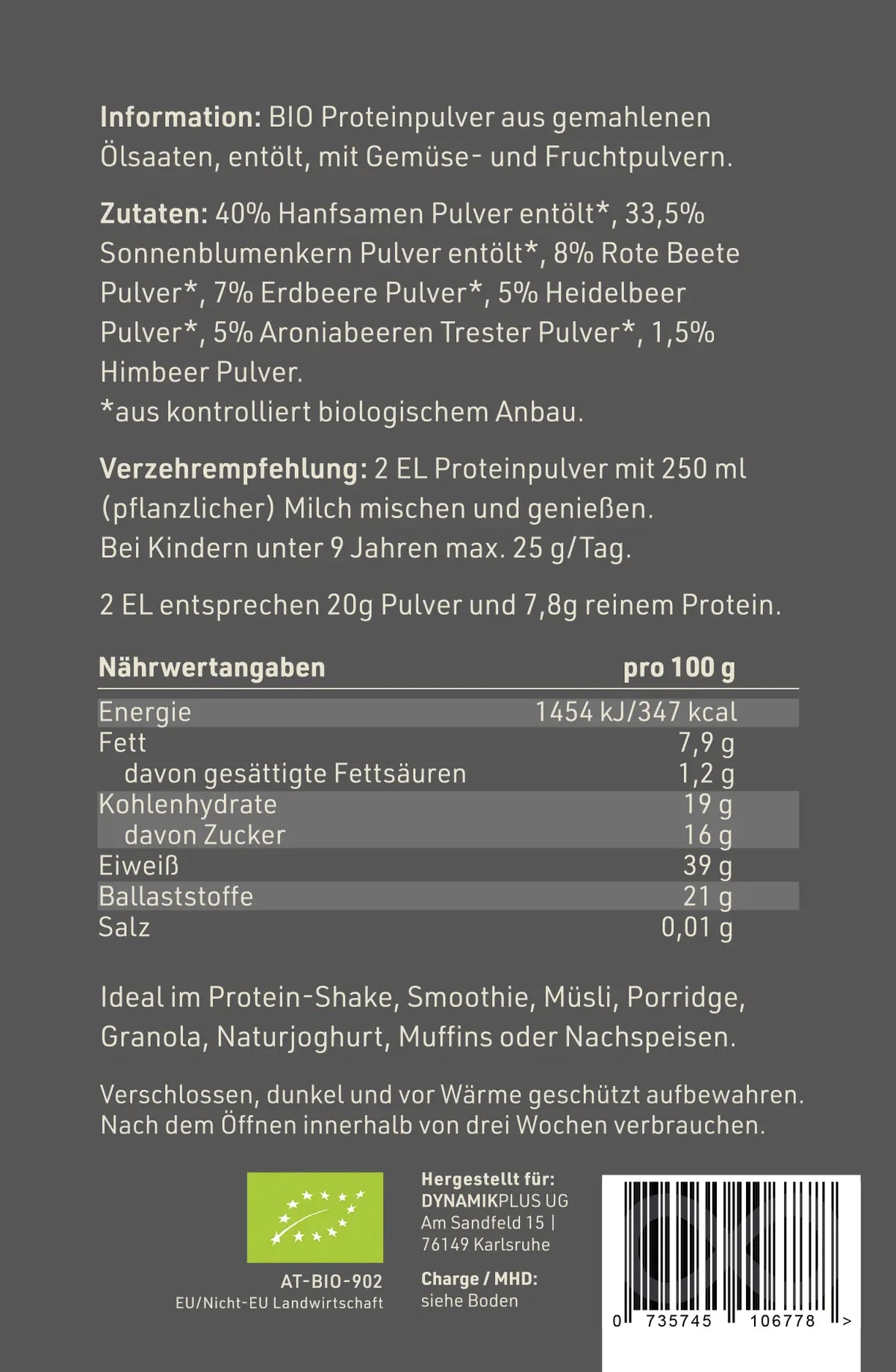 DYNAMIKPLUS Etikett "Bio Protein Beeren Mix" mit Nährwertangaben