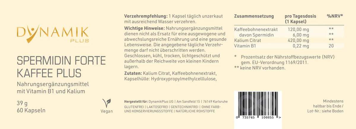 DYNAMIKPLUS Etikett "Spermidin Forte Kaffee Plus" mit Inhaltsstoffen und -angaben