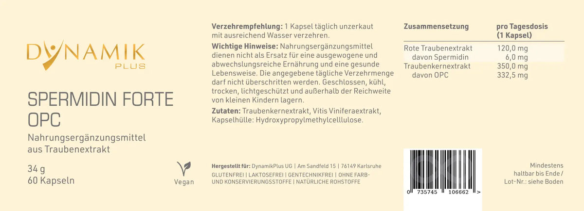 DYNAMIKPLUS Etikett "Spermidin Forte OPC" mit Inhaltsstoffen und -angaben