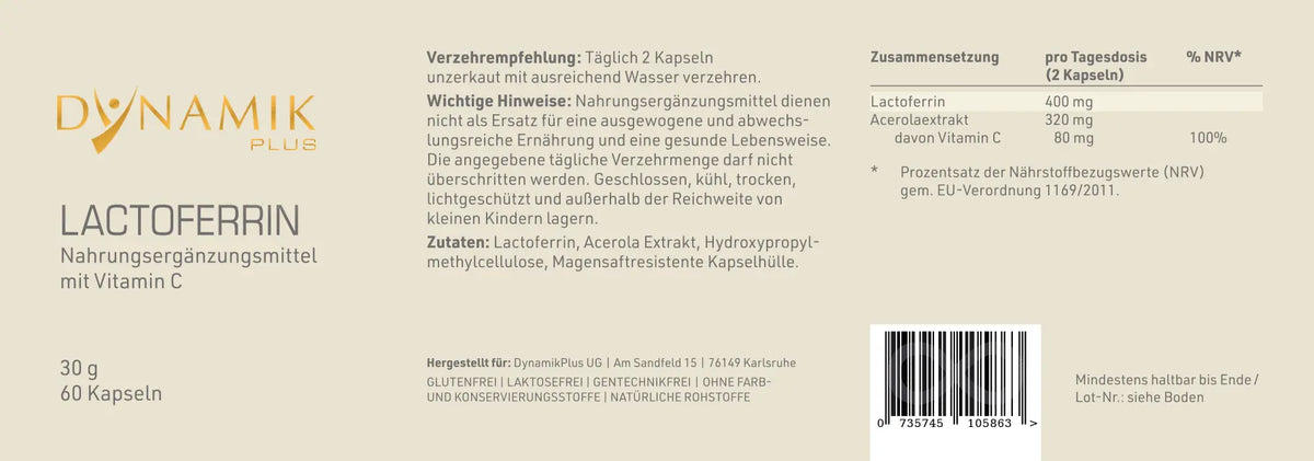 DYNAMIKPLUS Etikett "Lactoferrin" mit Inhaltsstoffen und -angaben