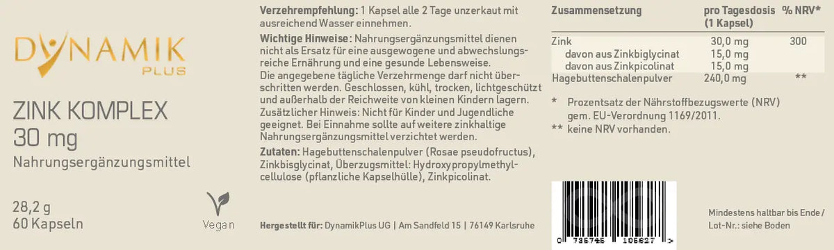 DYNAMIKPLUS Etikett "Zink Komplex" mit Inhaltsstoffen und -angaben