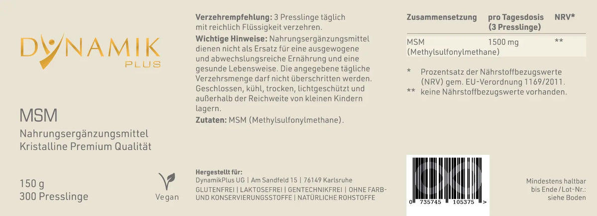 DYNAMIKPLUS Etikett "MSM" mit Inhaltsstoffen und -angaben