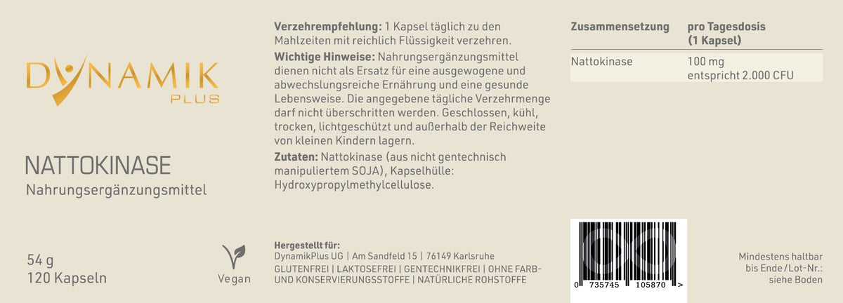 Produktetikett "Nattokinase" mit Inhaltsstoffen und -angaben