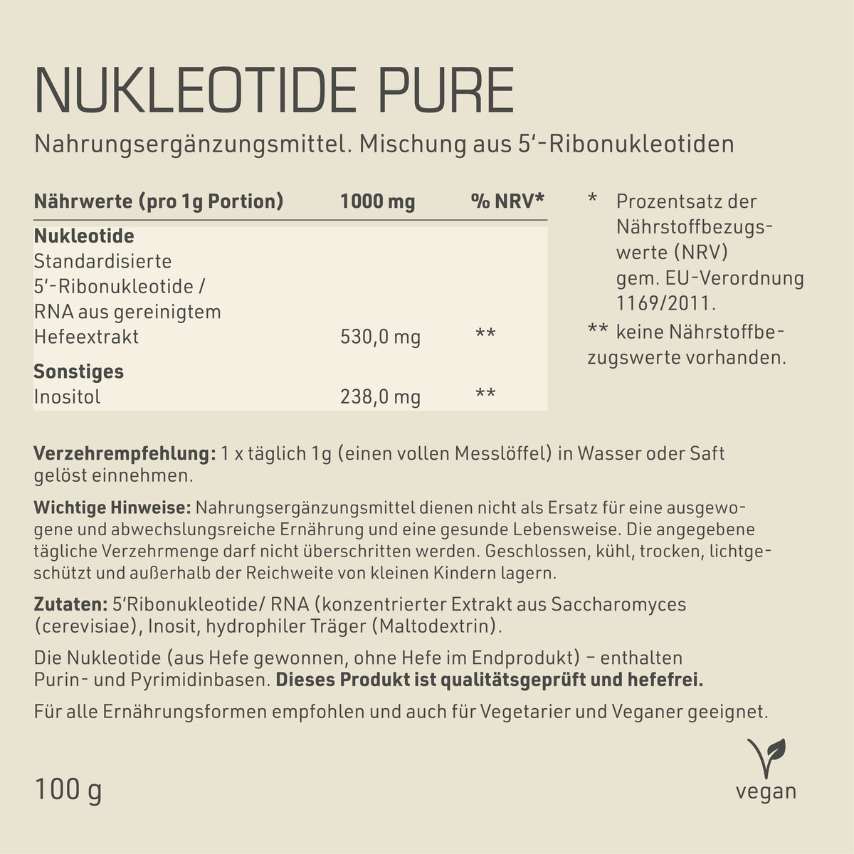 Nukleotide Pure Etikett Rückseite mit Inhaltsstoffen und -angaben