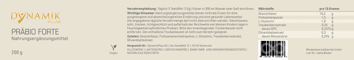 DYNAMIKPLUS Etikett "Präbio Forte" mit Inhaltsstoffen und -angaben