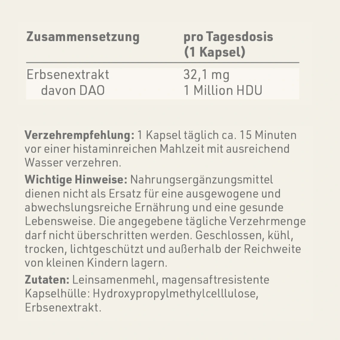 Produktetikett "DAO Forte" mit Inhaltsstoffen und -angaben