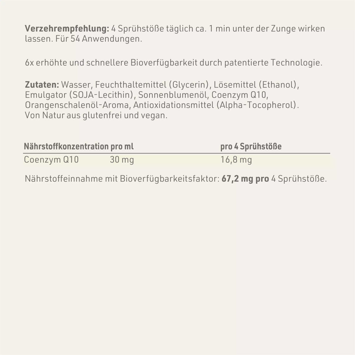Produktetikett "Q10 Ubiquinol" mit Verzehrempfehlung, Zutaten und Nährstoffkonzentration