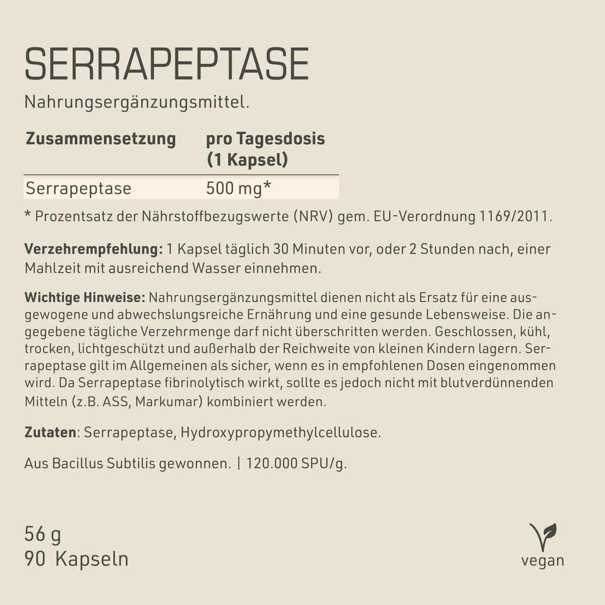 Serrapeptase Etikett mit Inhaltsstoffen und -angaben
