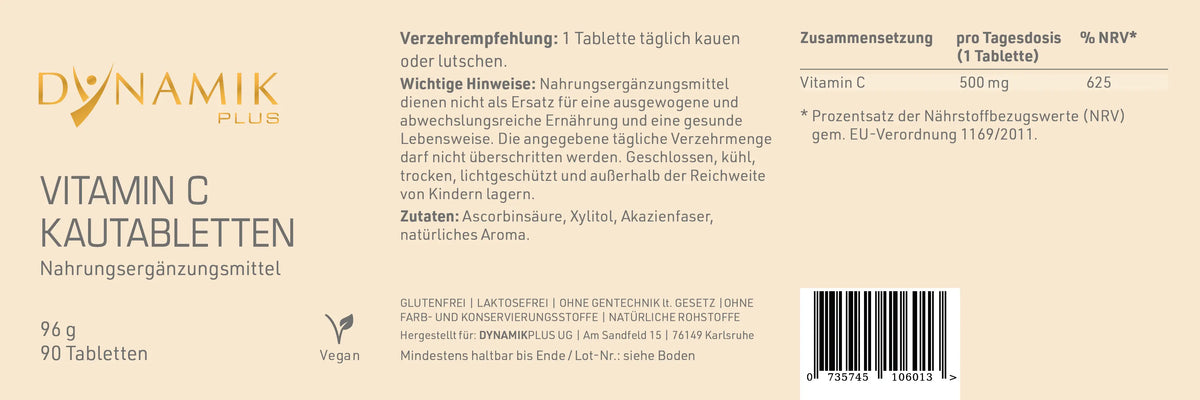Produktetikett "Vitamin C Kautabletten" mit Inhaltsstoffen und -angaben