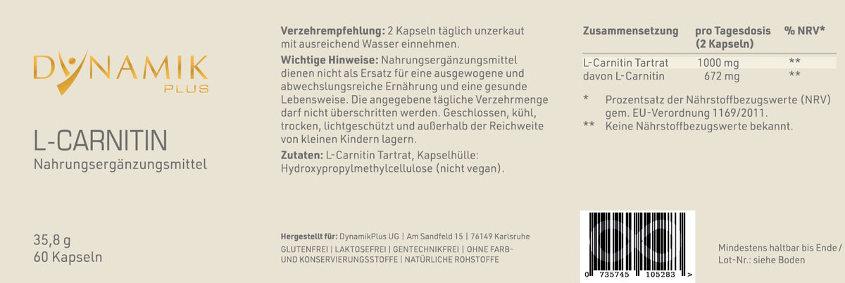 Produktetikett "L - Carnitin" mit Inhaltsstoffen und -angaben