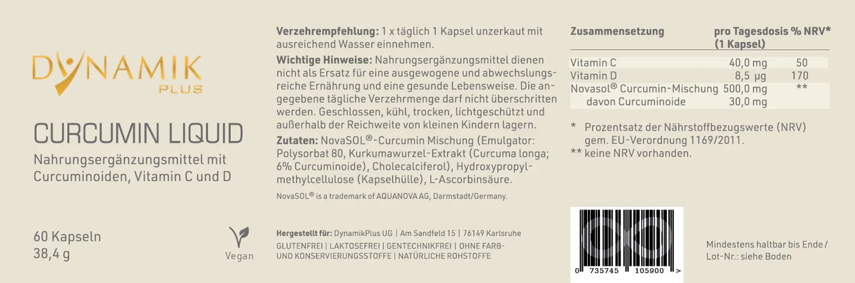Produktetikett "Curcumin Liquid" mit Inhaltsstoffen und -angaben