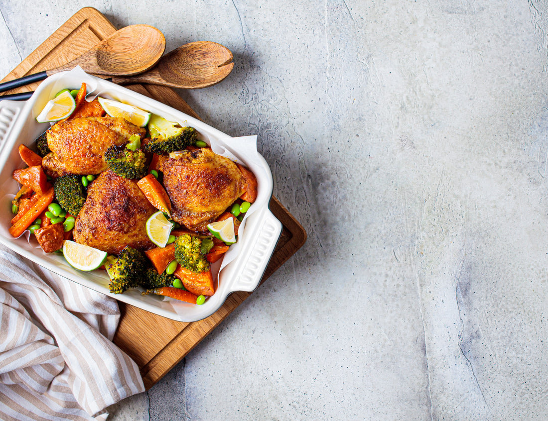 Rezept: Hähnchenschenkel mit Kartoffeln und Ofengemüse