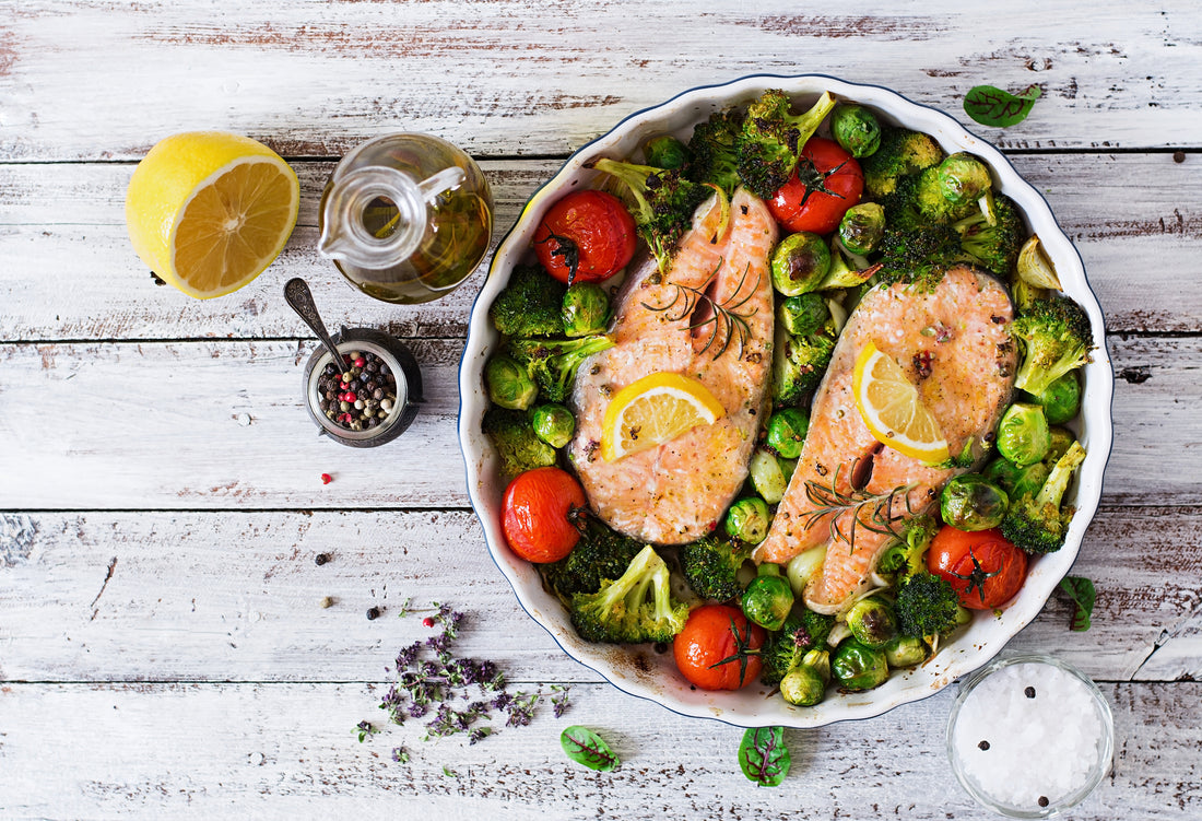Gebackener Lachs mit gedünstetem Gemüse