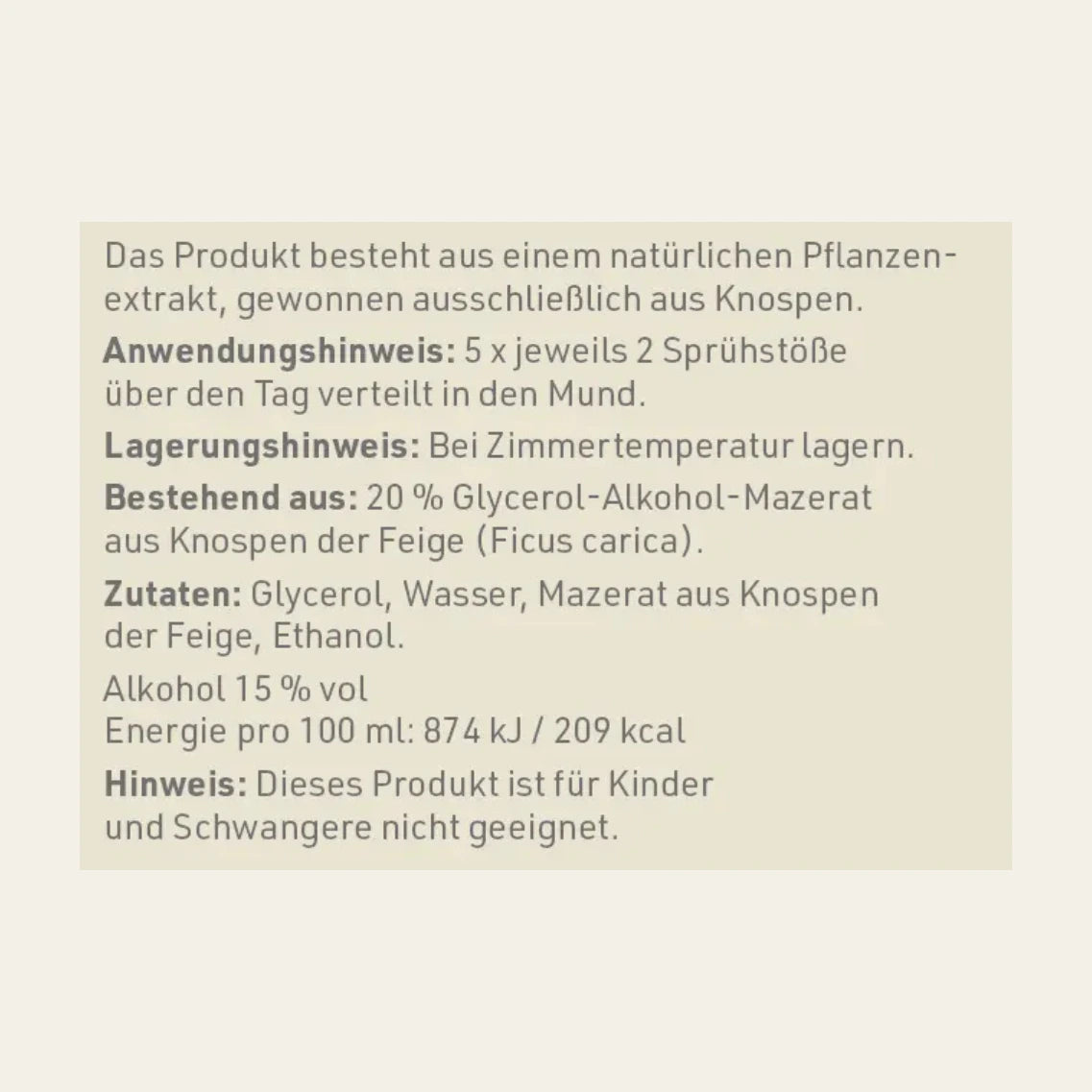 Produktetikett "Feige - Gemmomazerat" mit Inhaltsstoffen und -angaben