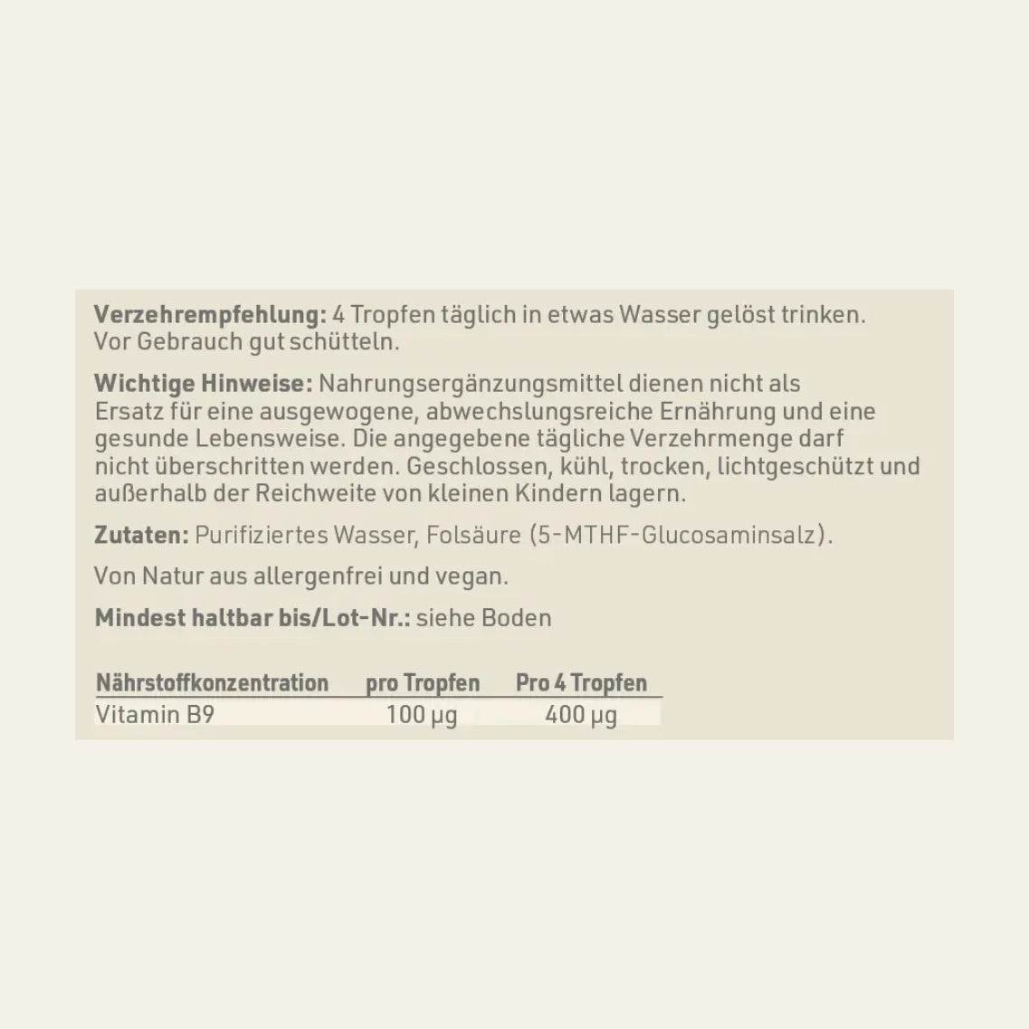 Produktetikett "Folsäure" mit Inhaltsstoffen und -angaben