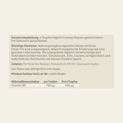 Produktetikett "Folsäure" mit Inhaltsstoffen und -angaben