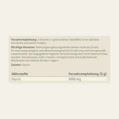 Produktetikett "Glycin" mit Inhaltsstoffen und -angaben