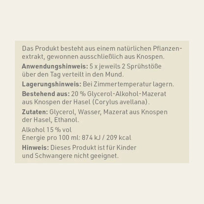 Produktetikett "Hasel - Gemmomazerat" mit Inhaltsstoffen und -angaben