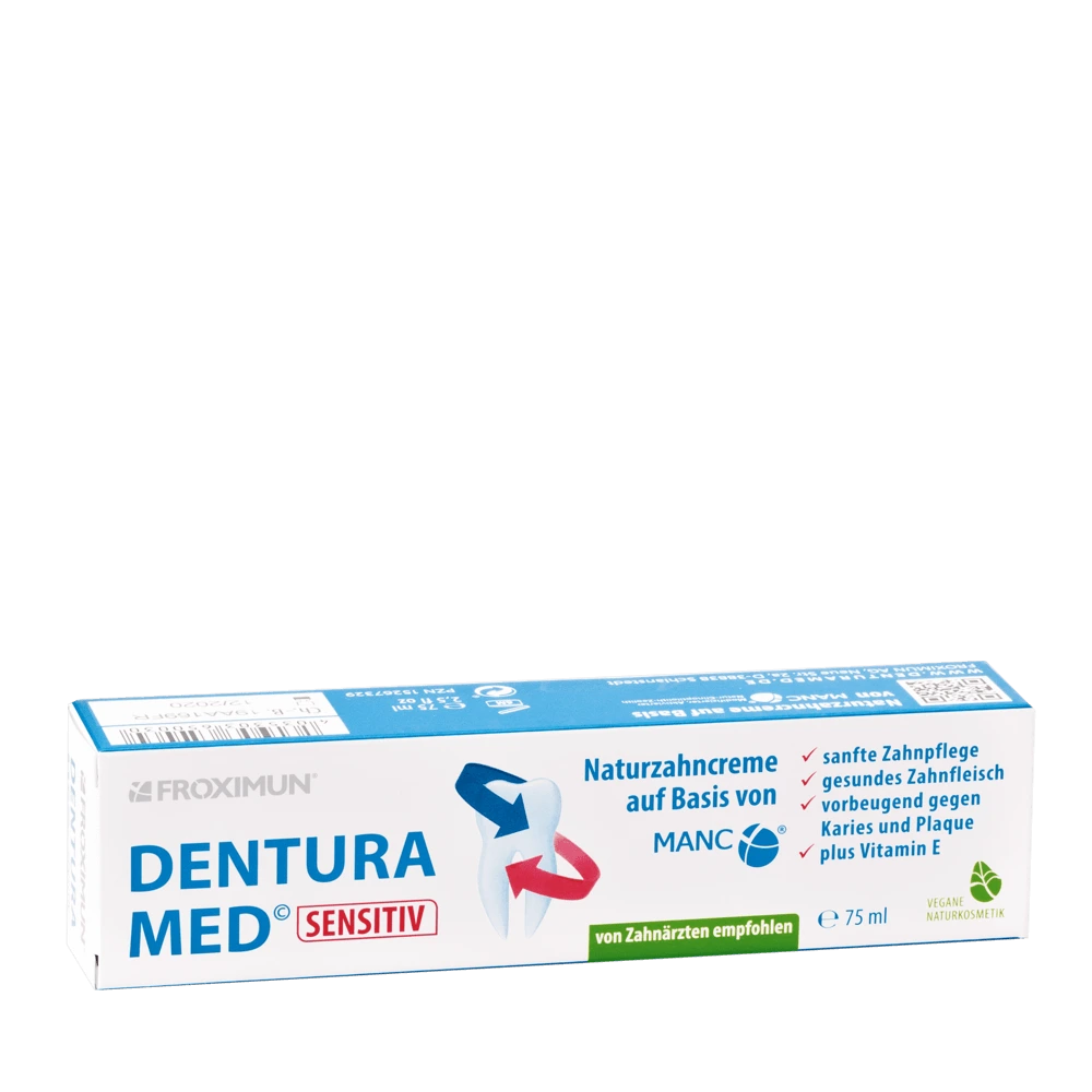 Weiße Verpackung von FROXIMUN mit "Dentura Med Sensitiv Zeolith" Aufdruck