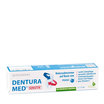 Weiße Verpackung von FROXIMUN mit "Dentura Med Sensitiv Zeolith" Aufdruck