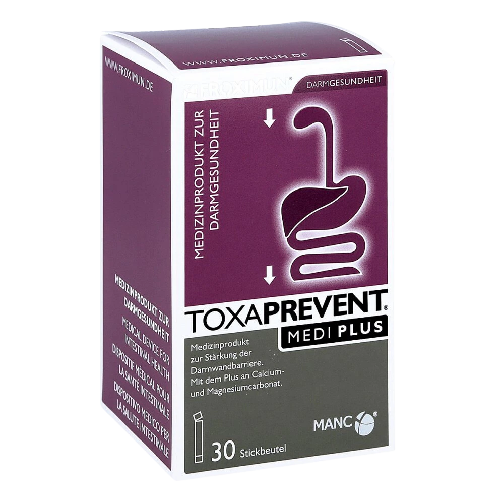 Rechteckige violet-weiße Verpackung mit "TOXAPREVENT Medi Plus mit Zeolith" Print und Verdauungstraktabbildung auf weißen Hintergrund
