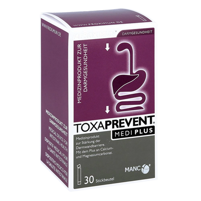 Rechteckige violet-weiße Verpackung mit "TOXAPREVENT Medi Plus mit Zeolith" Print und Verdauungstraktabbildung auf weißen Hintergrund