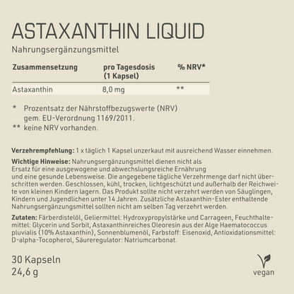 Astaxanthin Liquid Etikett Rückseite mit Inhaltsstoffen und -angaben