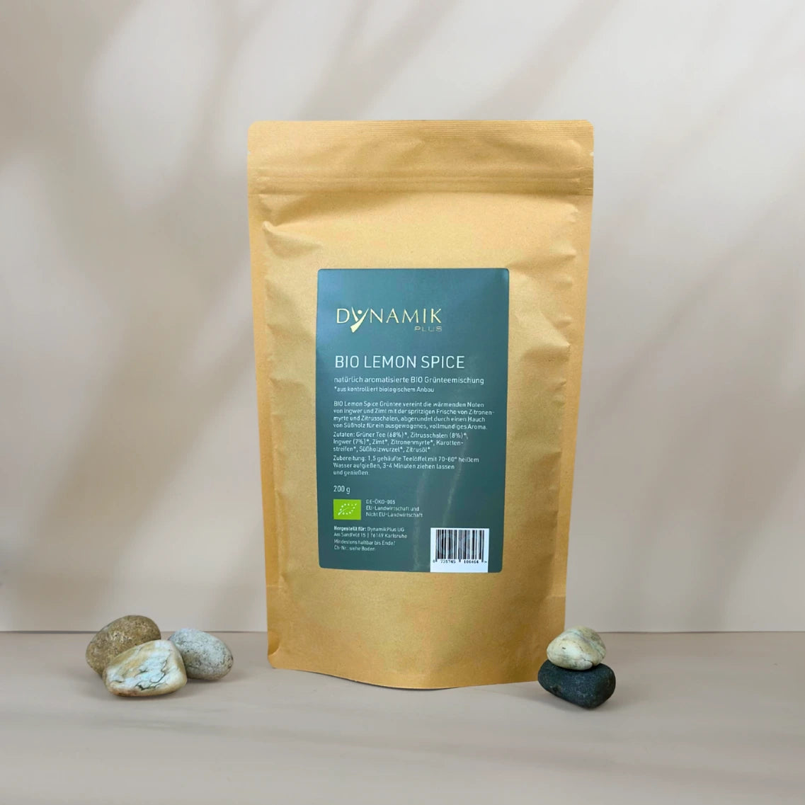 Beiger Kartonbeutel mit DynamikPlus "Bio Lemon Spice" Etikett