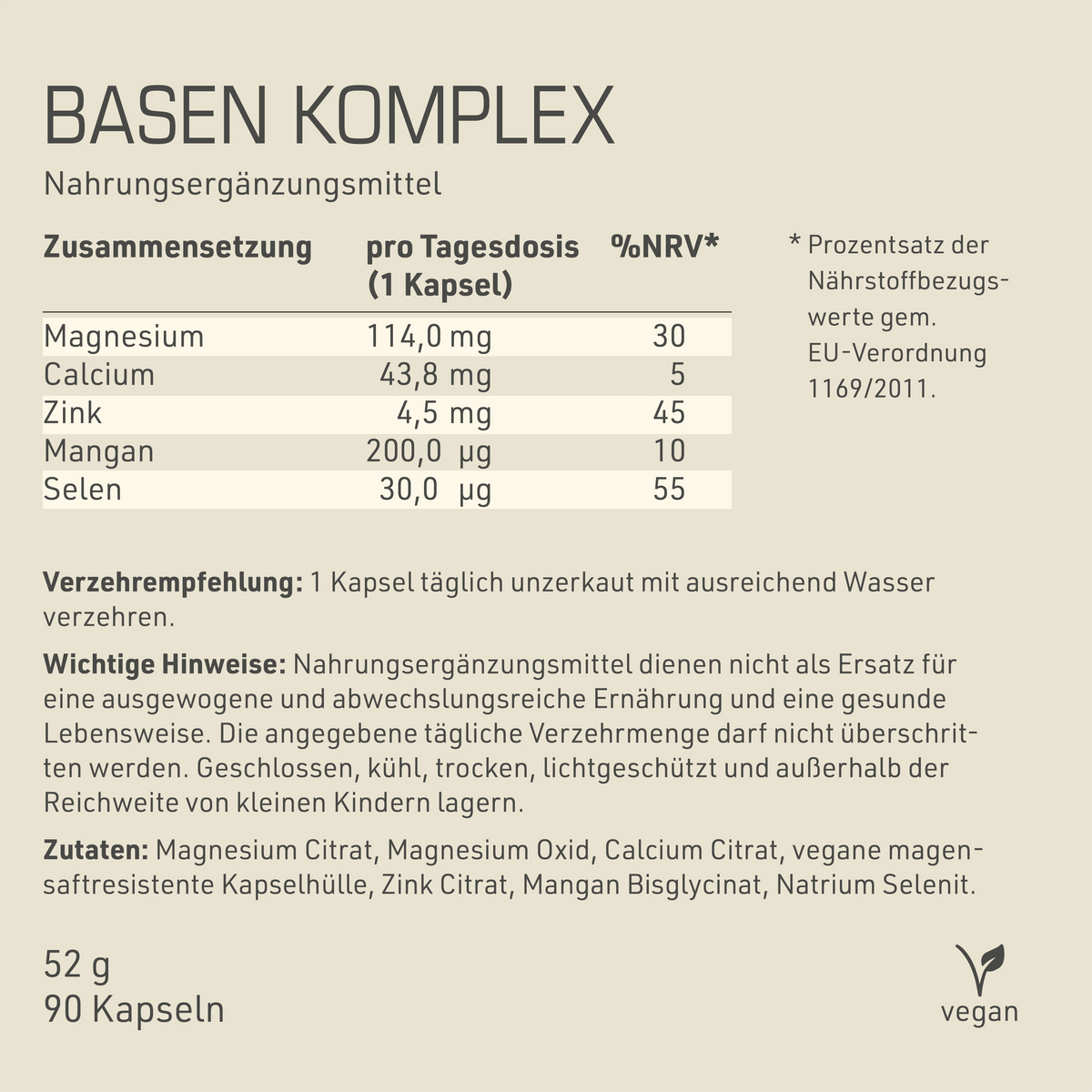 Basen Komplex Etikett Rückseite mit Inhaltsstoffen und -angaben