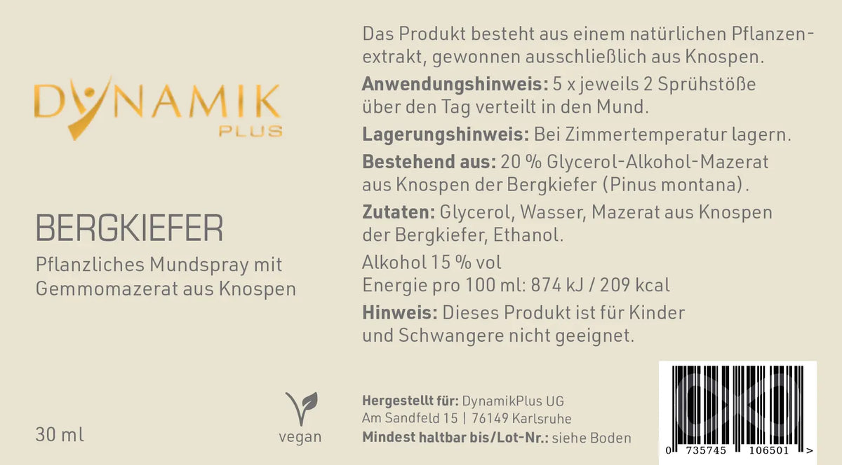 DYNAMIKPLUS "Bergkiefer - Gemmomazerat" Etikett mit Inhaltsstoffen und -angaben