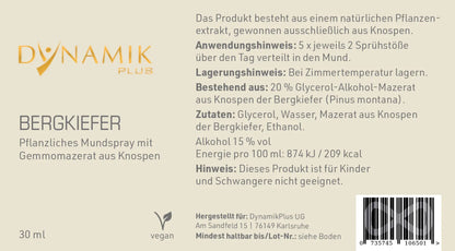 DYNAMIKPLUS "Bergkiefer - Gemmomazerat" Etikett mit Inhaltsstoffen und -angaben