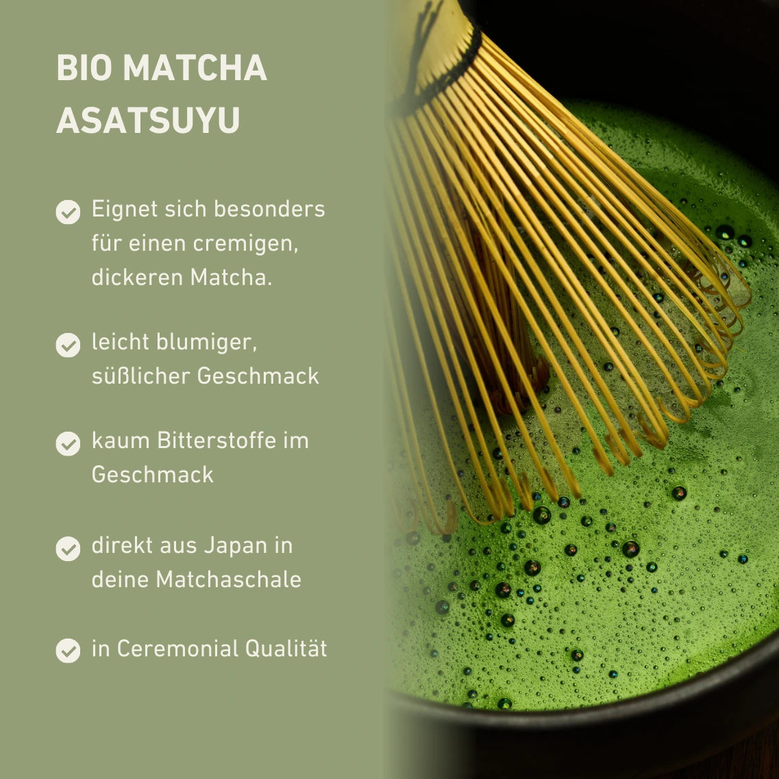 Bio Matcha Asatsuyu Infografik mit Eigenschaften des Matchas