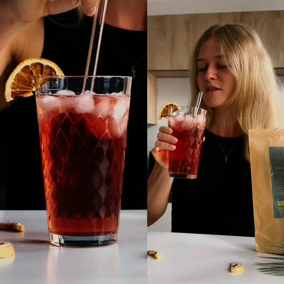 Glas mit Bio Wildberry Minze Tee und Frau welche daraus trinkt