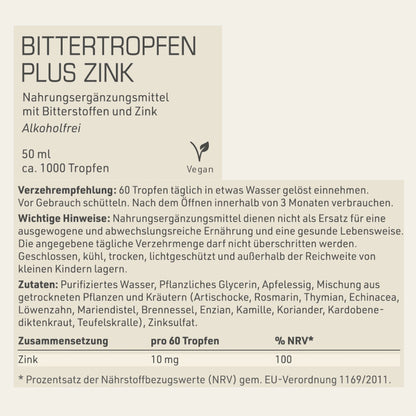 Produktetikett "Bittertropfen Plus Zink" mit Inhaltstoffen und -angaben