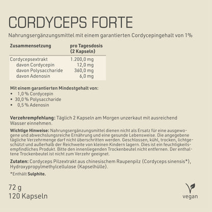 Cordyceps Forte 120 Kapseln Etikett Rückseite mit Inhaltsstoffen und -angaben