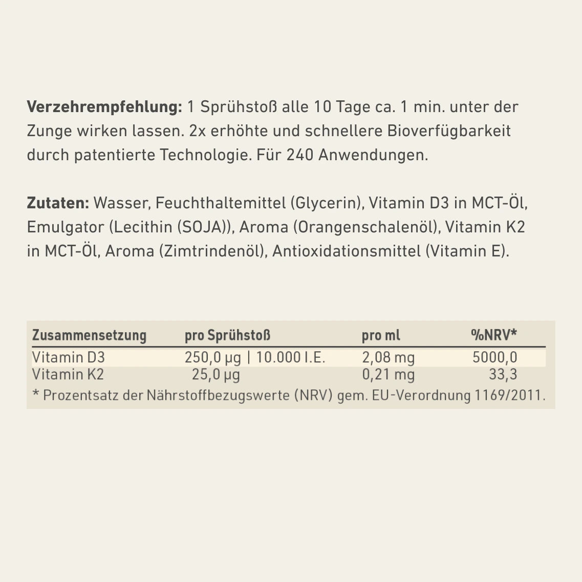 Produktetikett "Vitamin D3 + K2 Spray - ZIMT Geschmack" mit Inhaltsstoffen und -angaben