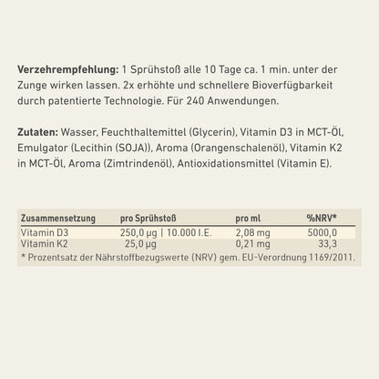 Produktetikett "Vitamin D3 + K2 Spray - ZIMT Geschmack" mit Inhaltsstoffen und -angaben