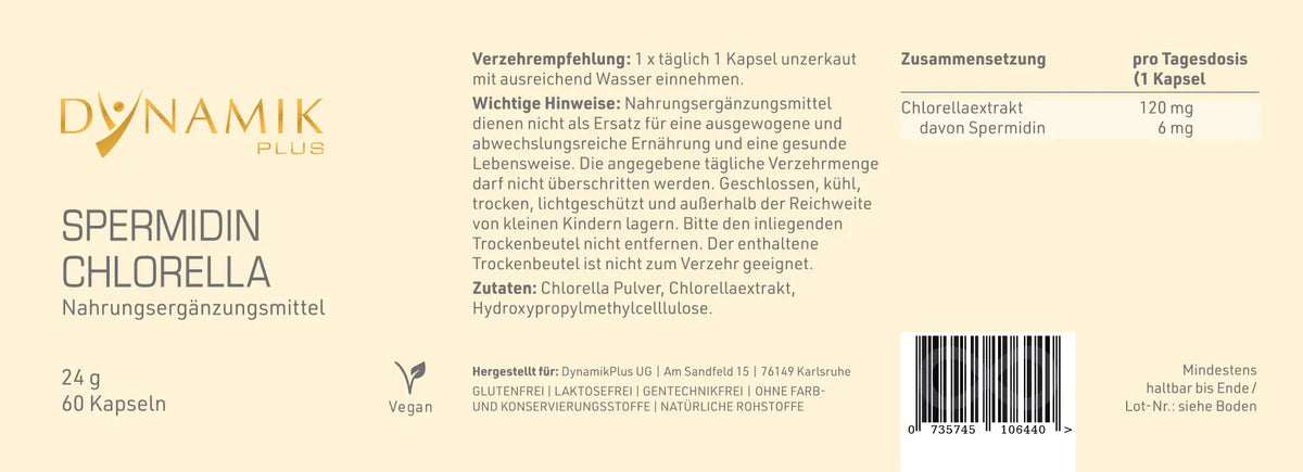DYNAMIKPLUS Etikett "Spermidin Chlorella" mit Inhaltsstoffen und -angaben
