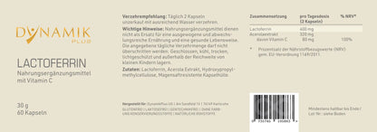 DYNAMIKPLUS Etikett "Lactoferrin" mit Inhaltsstoffen und -angaben