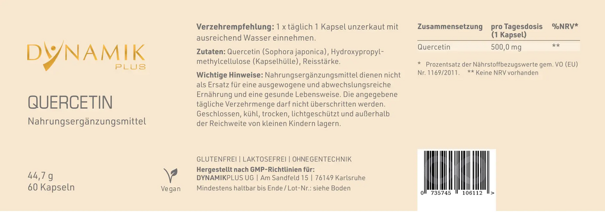 DYNAMIKPLUS Etikett "Quercetin" mit Inhaltsstoffen und -angaben
