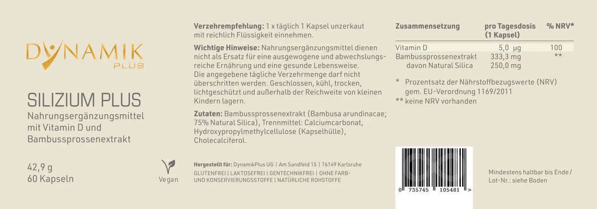 DYNAMIKPLUS Etikett "Silizium Plus" mit Inhaltsstoffen und -angaben