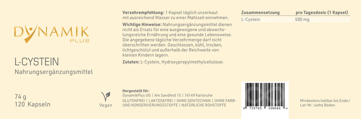 DYNAMIKPLUS Etikett "L - Cystein" mit Inhaltsstoffen und -angaben