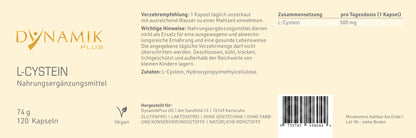 DYNAMIKPLUS Etikett "L - Cystein" mit Inhaltsstoffen und -angaben