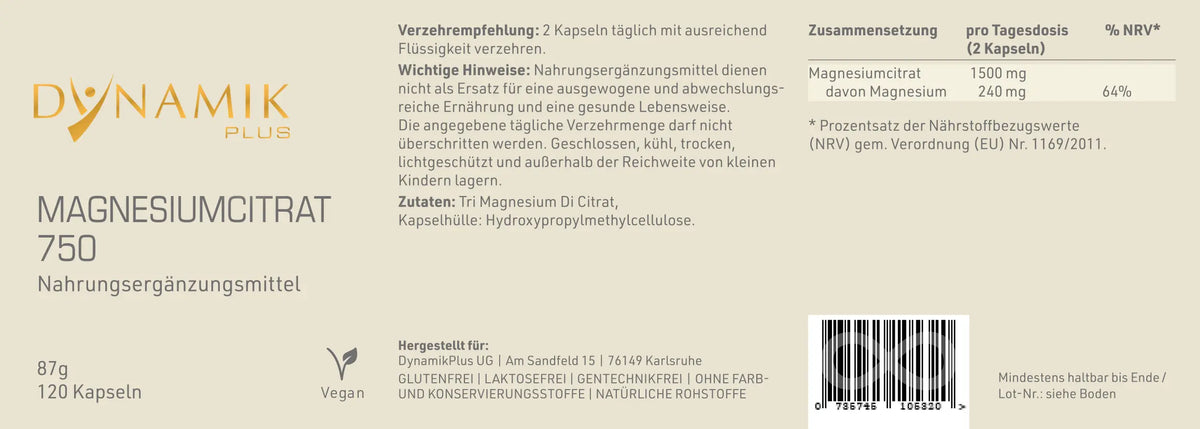 DYNAMIKPLUS Etikett "Magnesiumcitrat 750" mit Inhaltsstoffen und -angaben