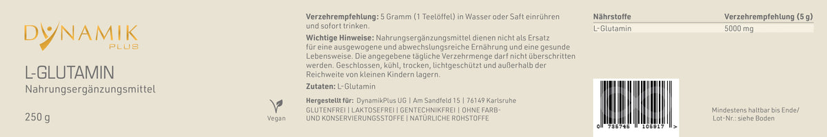 DYNAMIKPLUS Etikett "L - Glutamin" mit Inhaltsstoffen und -angaben