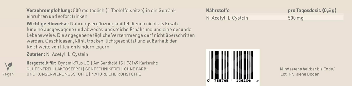 DYNAMIKPLUS Etikett "NAC" mit Inhaltsstoffen und -angaben