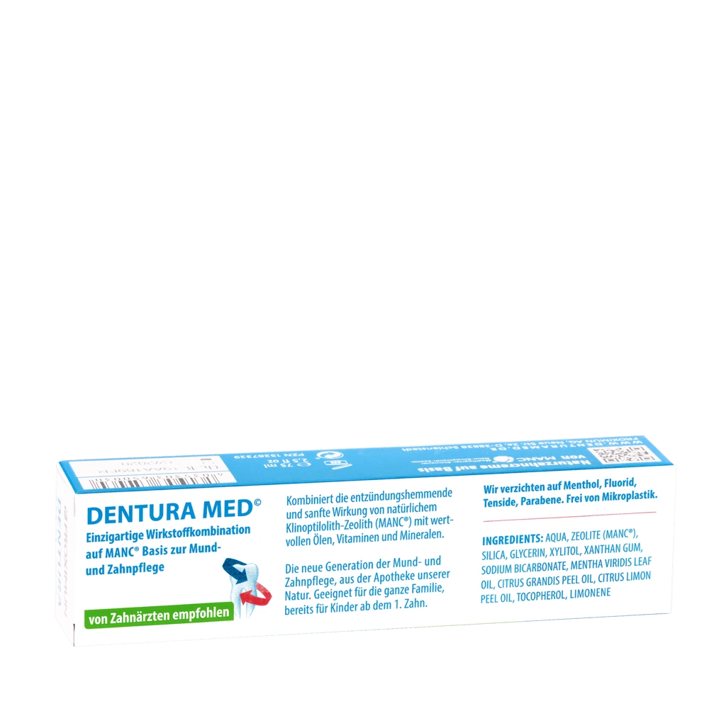 Rückseite der Verpackung von FROXIMUN "Dentura Med Sensitiv Zeolith" 